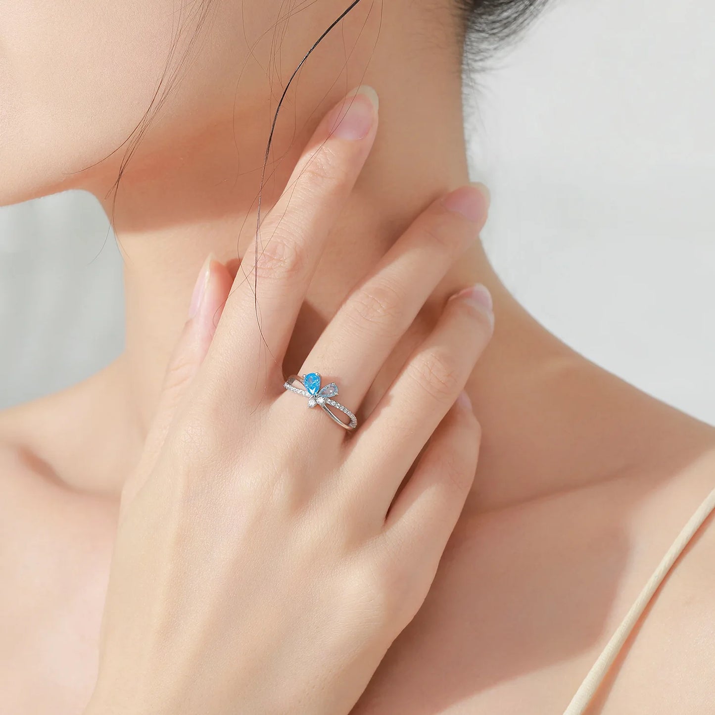 925 Sterling Silver Temperament Bow Sea Blue Diamond Ring Collarbone Chain Niche High-end Jewelry Set Gift Set