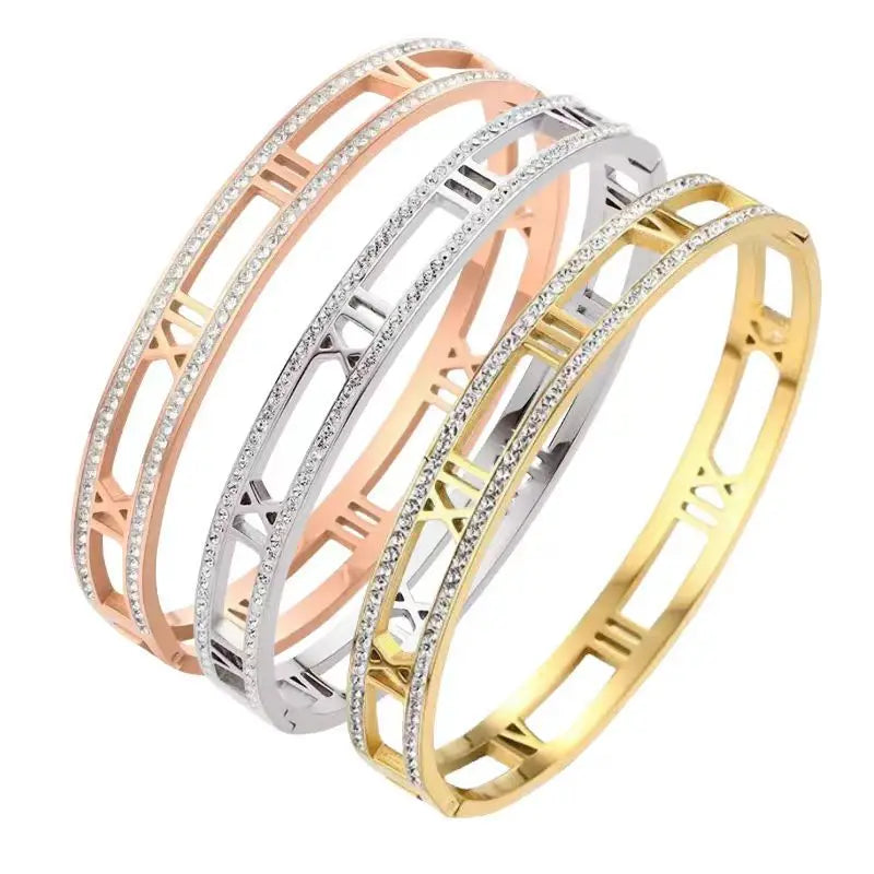 S&S Titanium Steel Roman Numeral Charm Bracelet | Gold, Rose Gold & White