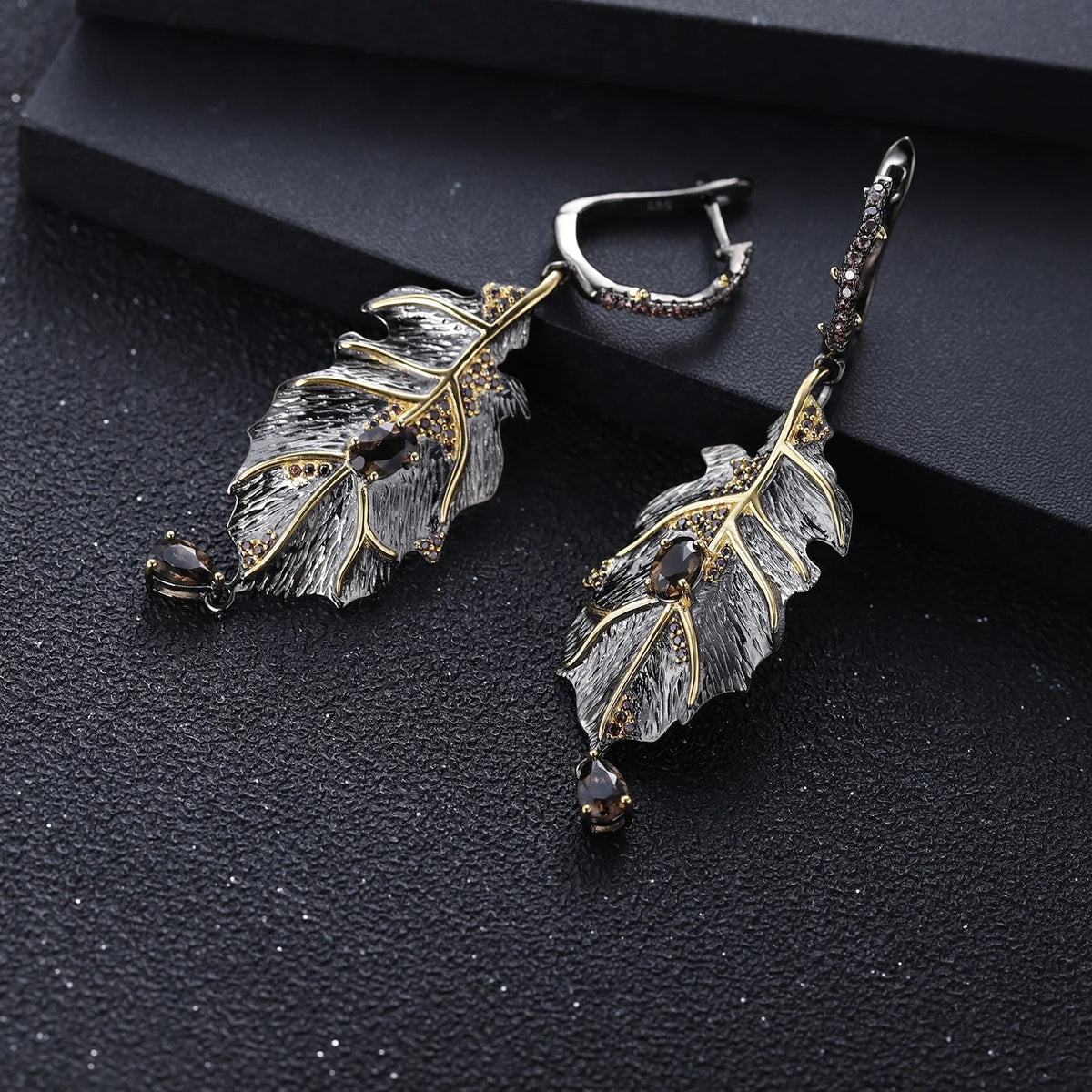 ArtistA C7551 Abiding Black Gold Plated Maple Leaf Design Natural Smoky Quartz 925 Silver Dubai Jewelry Sets Jewellery