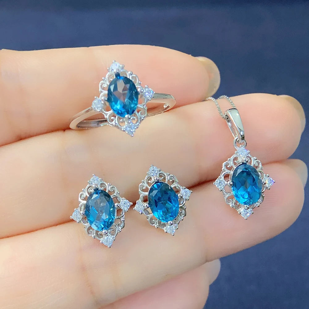 Natural London Blue Topaz 925 Sterling Silver Jewelry Set Pendant Ring Earrings for Women Trendy Fashion Gift Elegant Party
