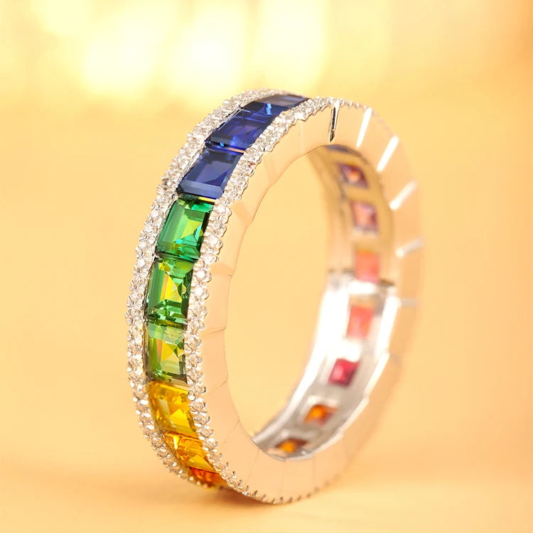 Gemfiori Anster Rainbow Color Eternal Ring Asscher Cut Gemstone Silver Ring Material Customizable Ring for Selection.