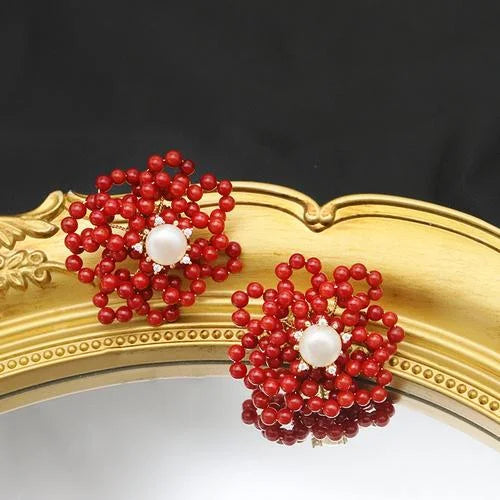 Red Coral Natural Pearls Fashion Accessories Set Fine Woman Ring Earrings Necklace Luxury Customized Jewelry Wedding