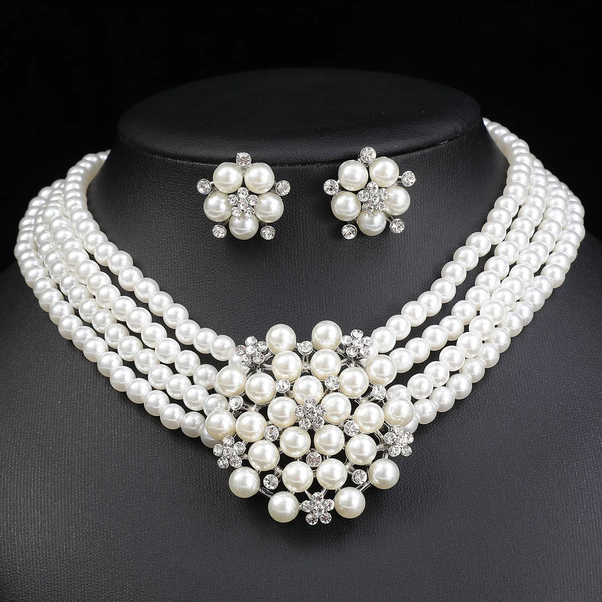 Multi-Row Pearl & Crystal Flower Necklace & Earrings Jewellery Set | Bridal Wedding Fashion Set