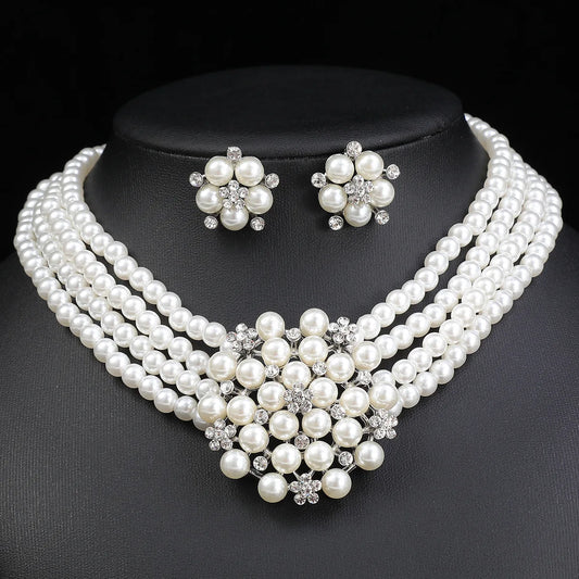 Multi-Row Pearl & Crystal Flower Necklace & Earrings Jewellery Set | Bridal Wedding Fashion Set