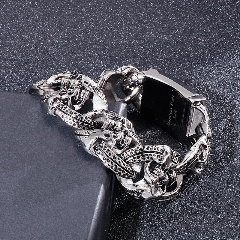 KALEN Mens Punk Style Fine Jewelry Fashion Bracelets Stainless Steel Bold Skull Links Bracelet