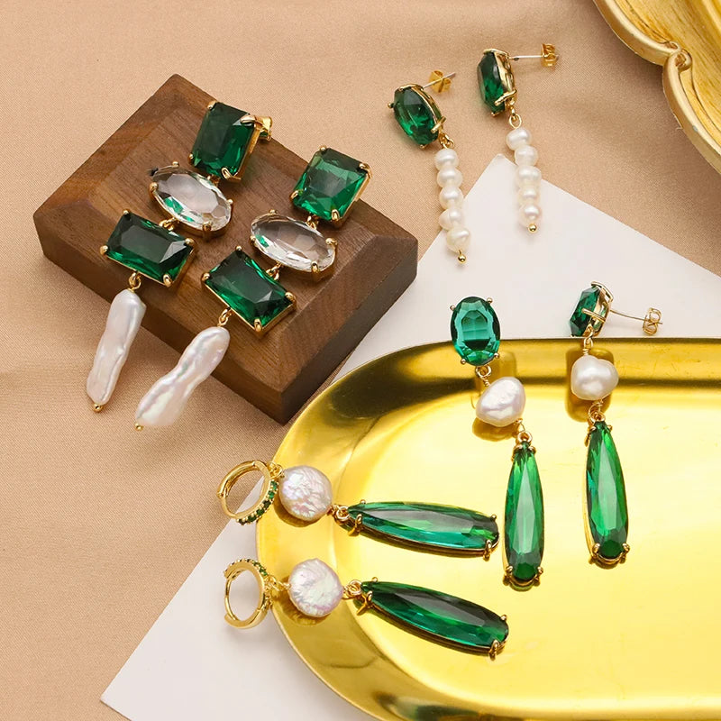 Natural Baroque Pearl Emerald Drop Water Crystal Piercing Earrings for Women Wedding Party  Luxurious Elegant Handmade Jewelry