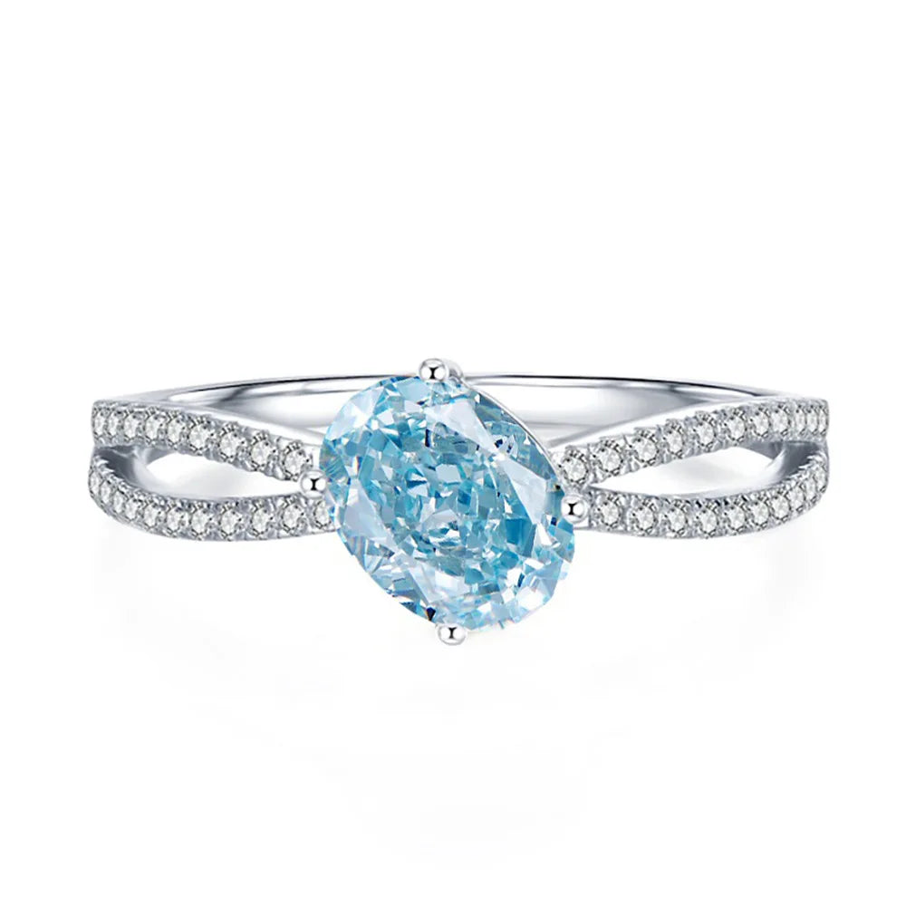 MuShan Jewelry 2.8ct Sea Blue Treasure 8A High Carbon Diamond 6*8 Ice Flower Cut S925 Pure Silver Luxury Wedding Ring for Party