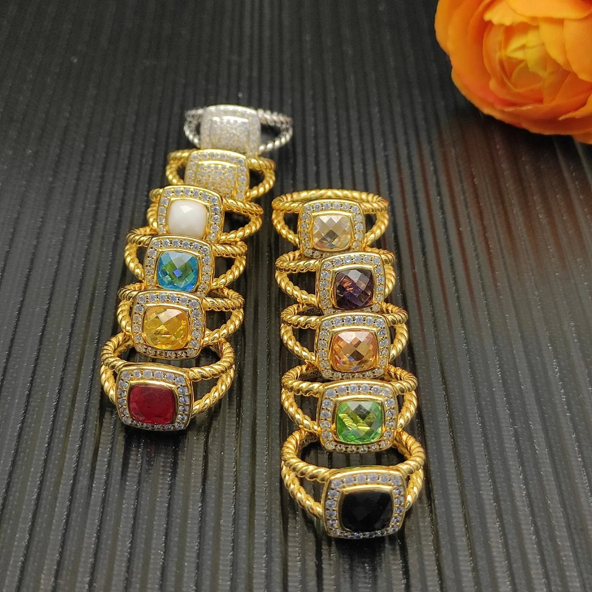 FASHIONISTA DY High-Quality Silver-Plated 14mm Square Diamond-Set Ring, Gold-Plated Colored Gemstone-Set Ring, Jewelry