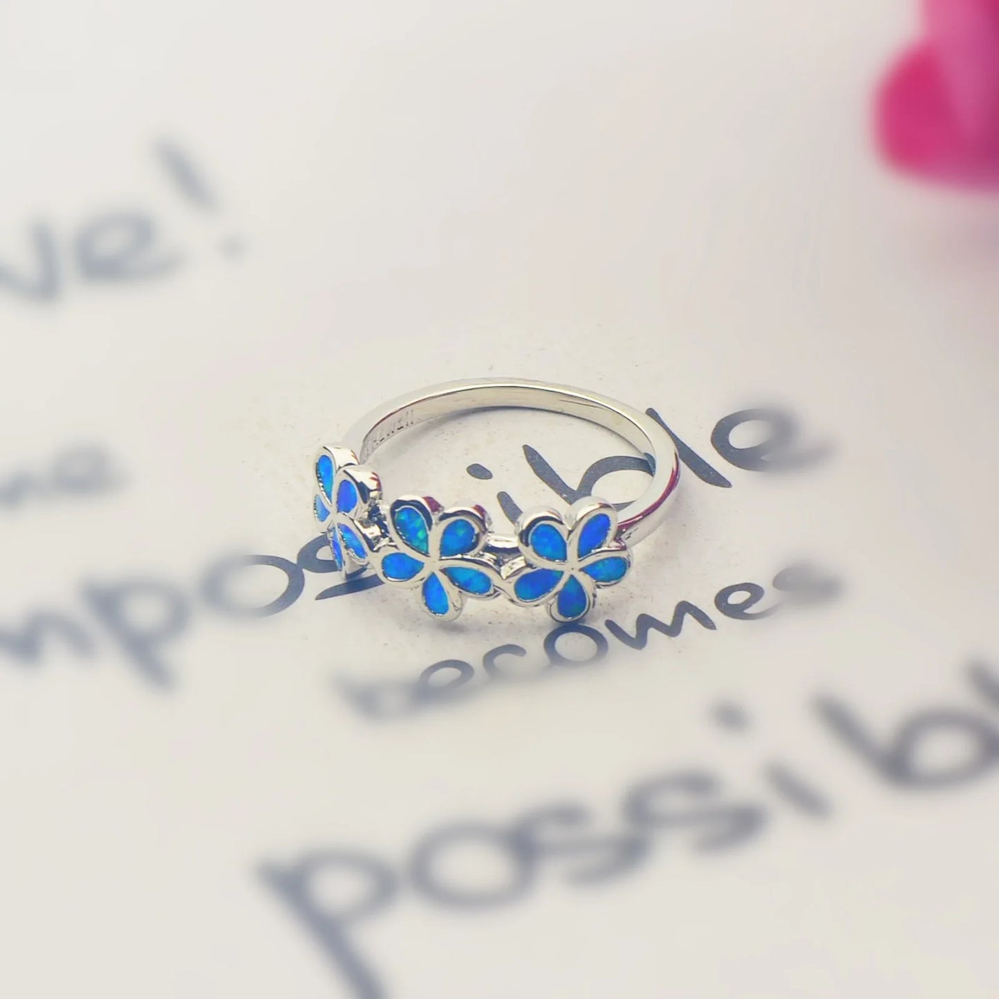Flower Blue Opal Twisted Ring | Iridescent Gem Inlay Band | Nature-Inspired Fashion Jewelry for Women Trendy Wear