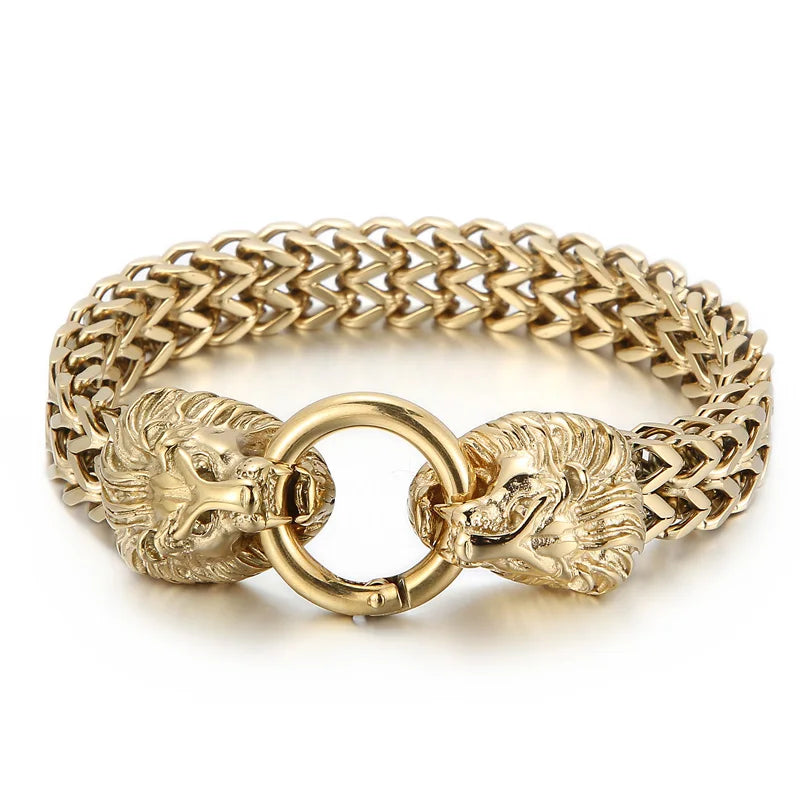 KALEN 230mm Men Punk Stainless Steel Herringbone Bracelet With Lion Head Charms Clasp