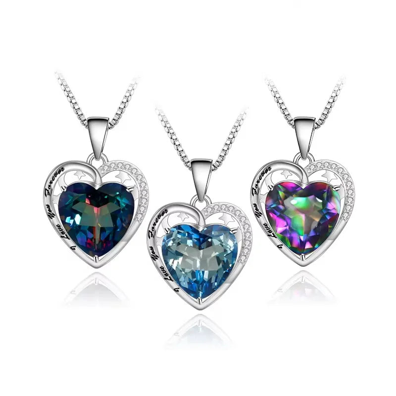 ArtistA Abiding Personality Engraved Romantic 925 Sterling Silver Heart Cut Rainbow Bluish Lolite Mystic Quartz Pendant Necklaces
