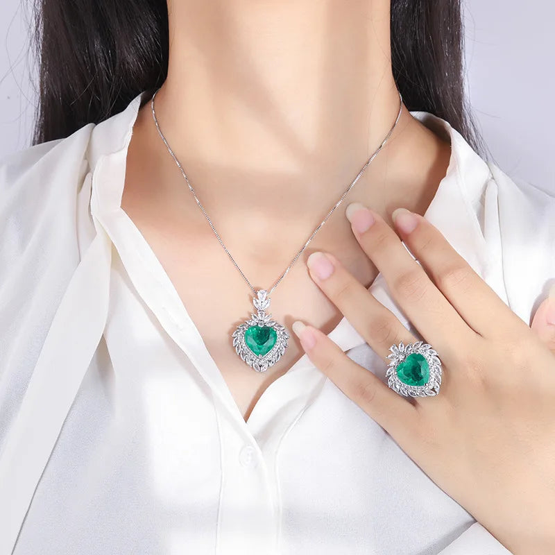 Gemfiori Fancy Radiant Cut Romantic Heart Ring Luxury 15*15MM Crystal Heart Design Pendant Necklace Women Wedding Party Jewelry Sets Gift