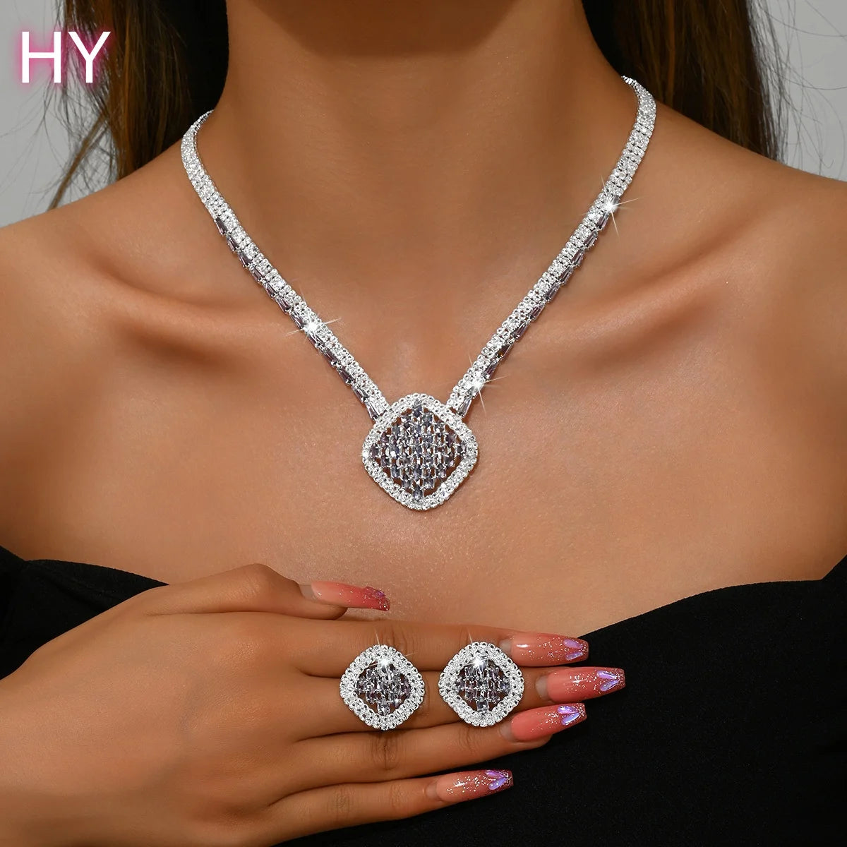 HY  Elegant Luxury Ladies Jewelry Sets Wedding Anniversary Bridal Accessories Copper Shining Earrings Necklaces for Women Set