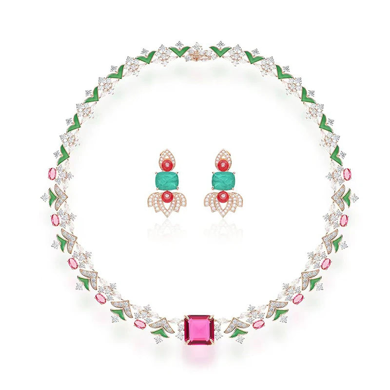 Enamel Craft Women's Two-piece Brass Necklace Earrings Inlaid with Colorful Leaves Design  Not Easily Oxidized  Perfect Zircon