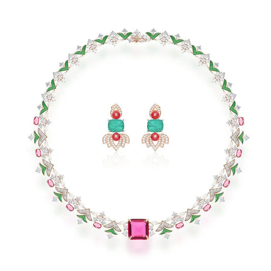 Enamel Craft Women's Two-piece Brass Necklace Earrings Inlaid with Colorful Leaves Design  Not Easily Oxidized  Perfect Zircon