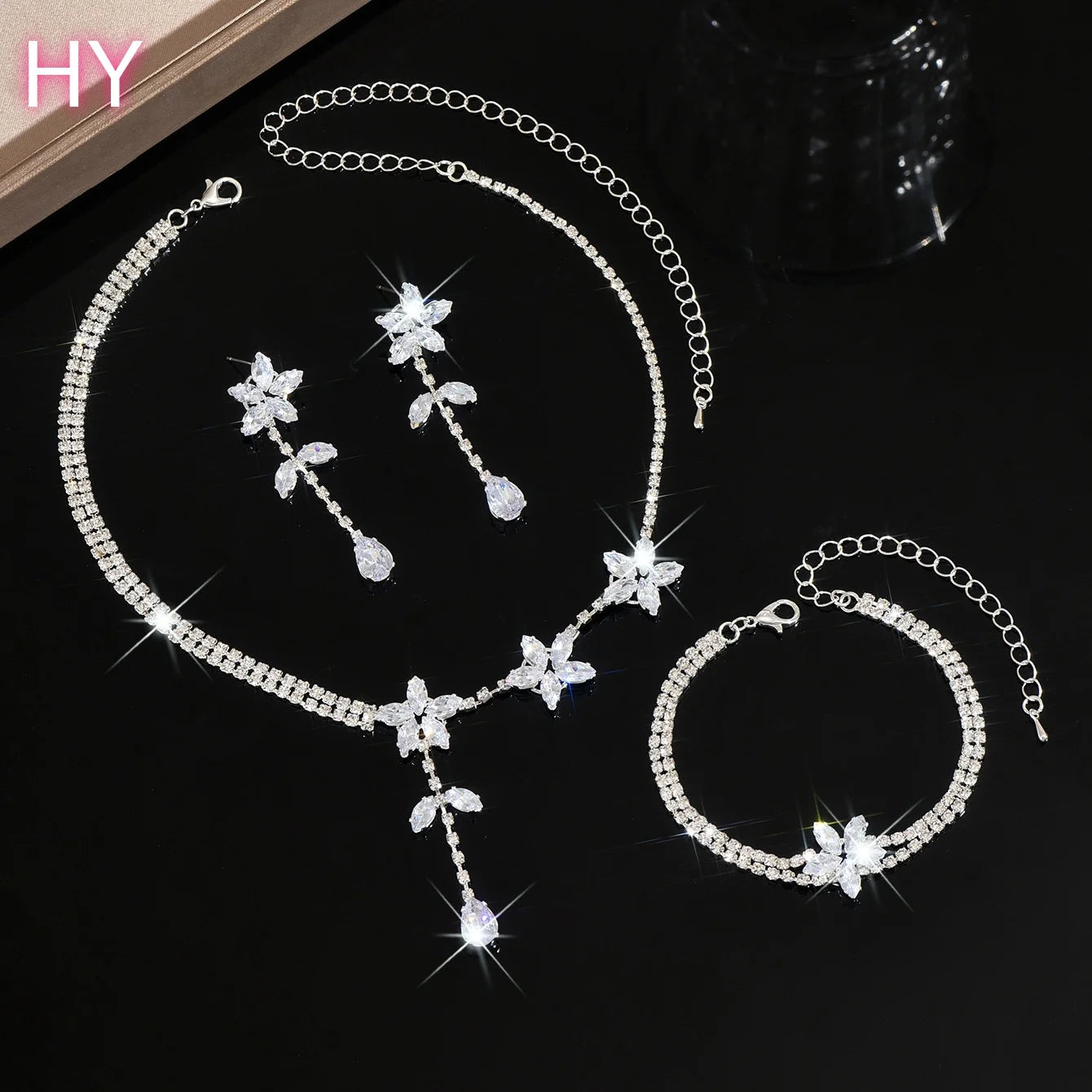 HY Daihe Set Glamorous Diamond Flower Leaf Tassel Chain Fashion Choker Necklace Earrings Party Wedding Jewelry Set