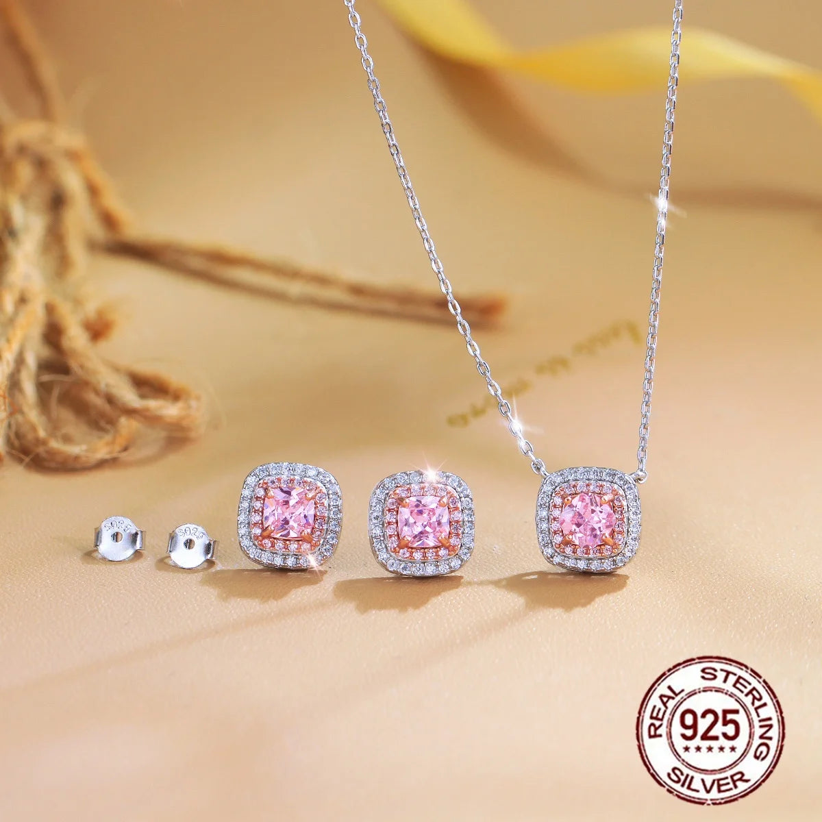 2 Tones Plated Pendant Necklace and Earrings S925 Sterling Silver Jewelry Pink Color Cubic Zircon Jewelry Set for Mothers Day