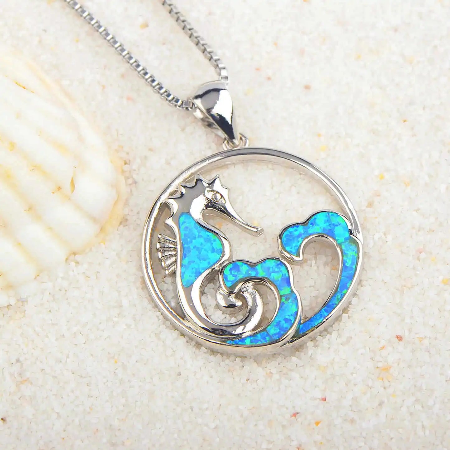 Aobao Christian Copper Link Chain Seahorse Opal Necklace Wave Pendant Sweater Chain