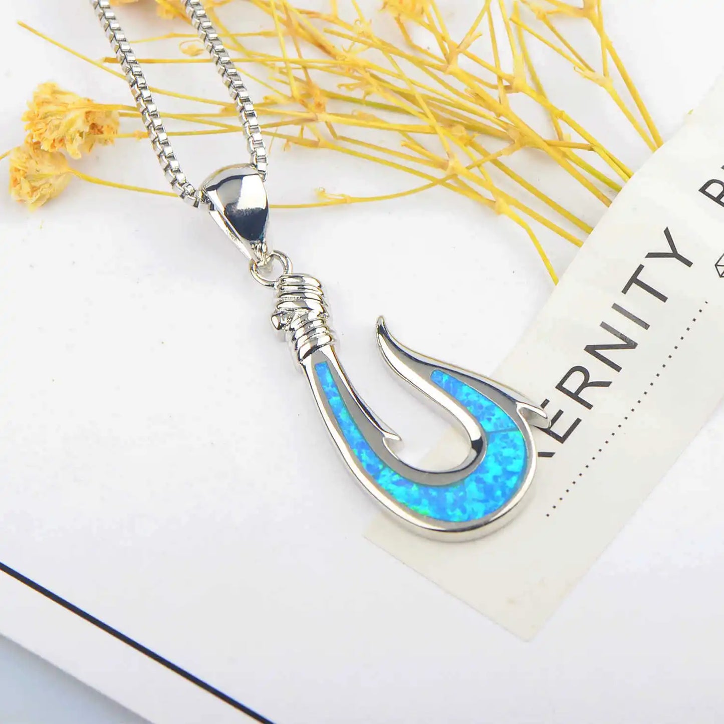 Aobao Christian Ocean-style Versatile Silver Plated Copper Alloy Link Chain Anchor Clavicle Featuring Blue Fishhook Pendant Opal