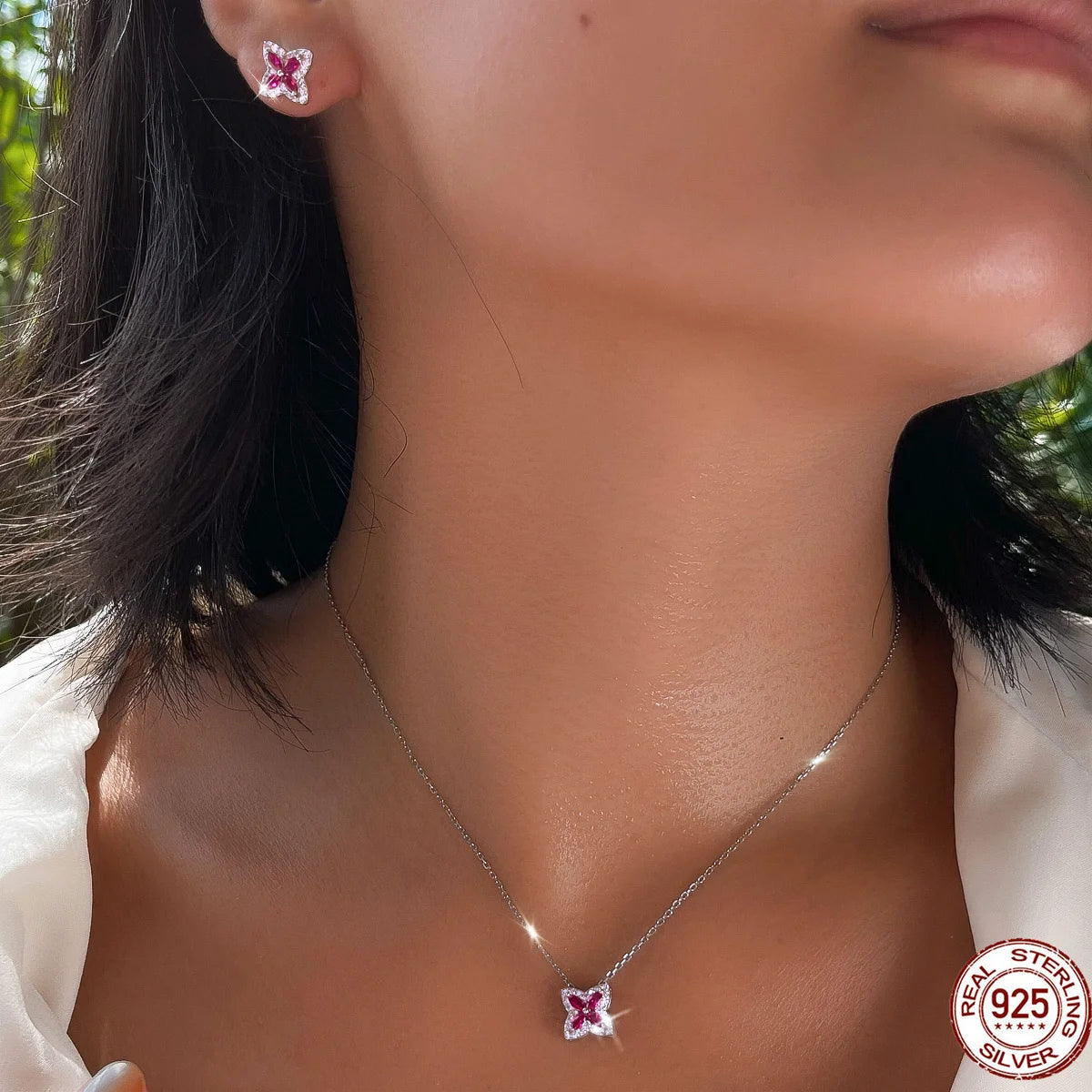 S&S 925 Sterling Silver Hot Pink Four-Leaf Clover CZ Jewellery Set – Necklace & Earrings – Collection