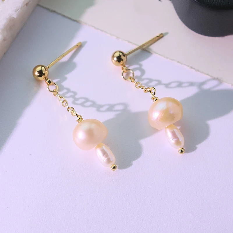 Natural Freshwater Pearl Mushroom Earrings Handmade Design Earrings Gift Banquet Wedding Women's Jewelry GE1813