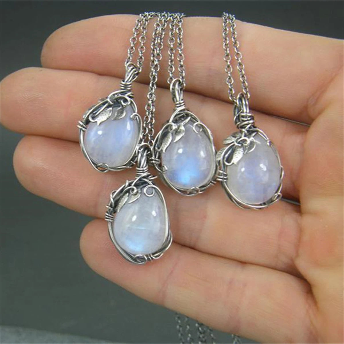 REBEL Unique Vintage Women Silver Moonstone Gemstone Leaf Necklace Pendant Chain Charm Jewelry Gift