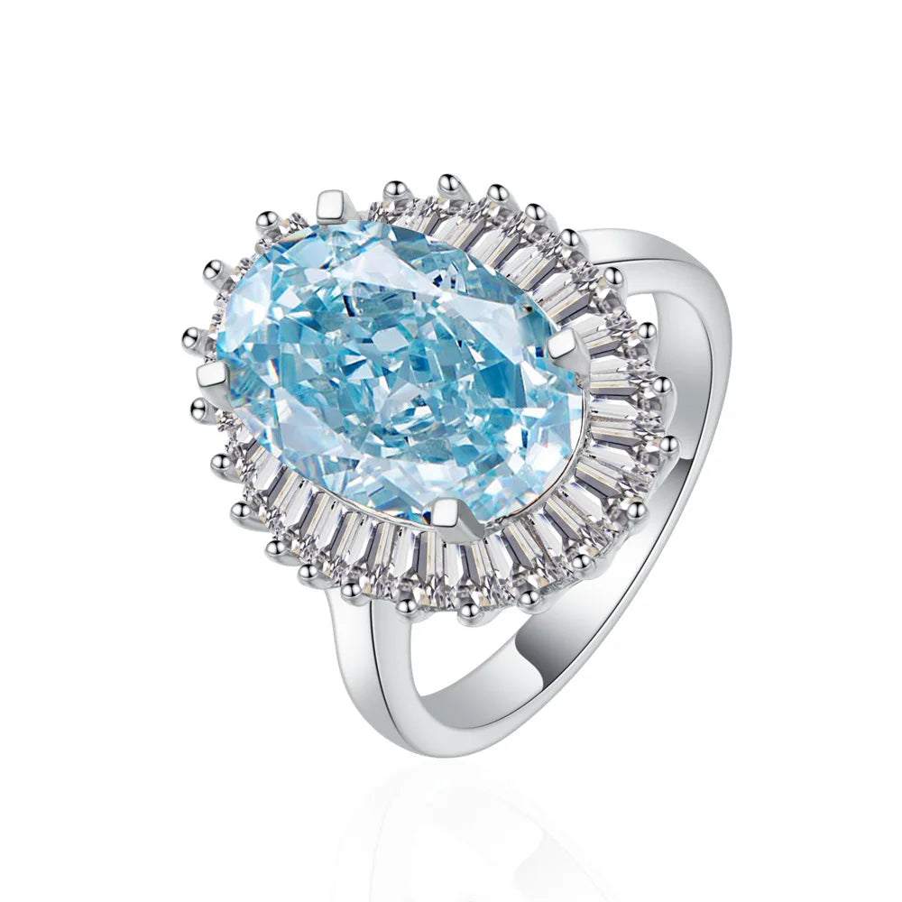 MuShan Jewelry Factory 6.5ct Female Lead Shape 8 * 12 High Carbon Diamond Ice Flower Cut Paraiba Green 925 Sterling Silver Ring