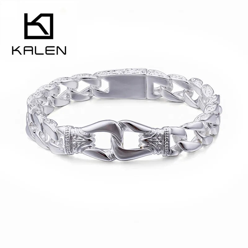 KALEN Fashion Silver Stainless Steel Link Charm Bracelet for Men