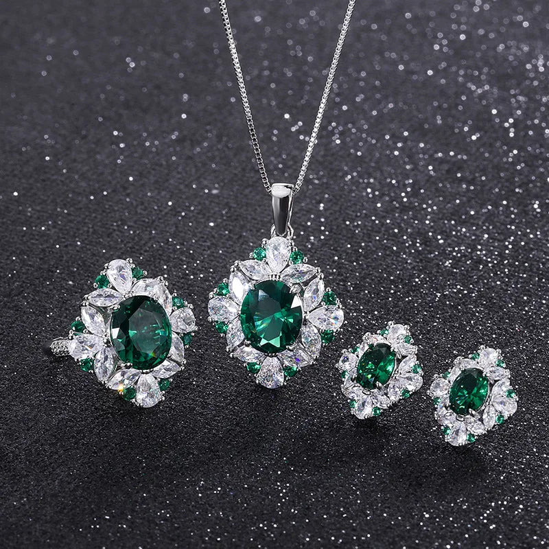 Gemfiori European and American Temperament Inlaid with Emerald Zircon Jewelry Fashionable Retro High-end Pendant Earrings Ring Set