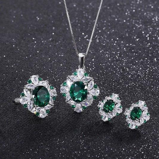 Gemfiori European and American Temperament Inlaid with Emerald Zircon Jewelry Fashionable Retro High-end Pendant Earrings Ring Set