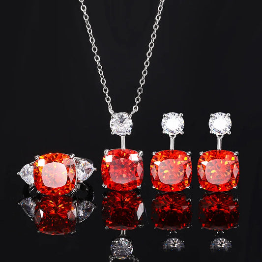 Gemfiori European and American Light Luxury Inlaid square Red Zircon Sugar Pendant Ring Earring Set Bride Wedding Accessories