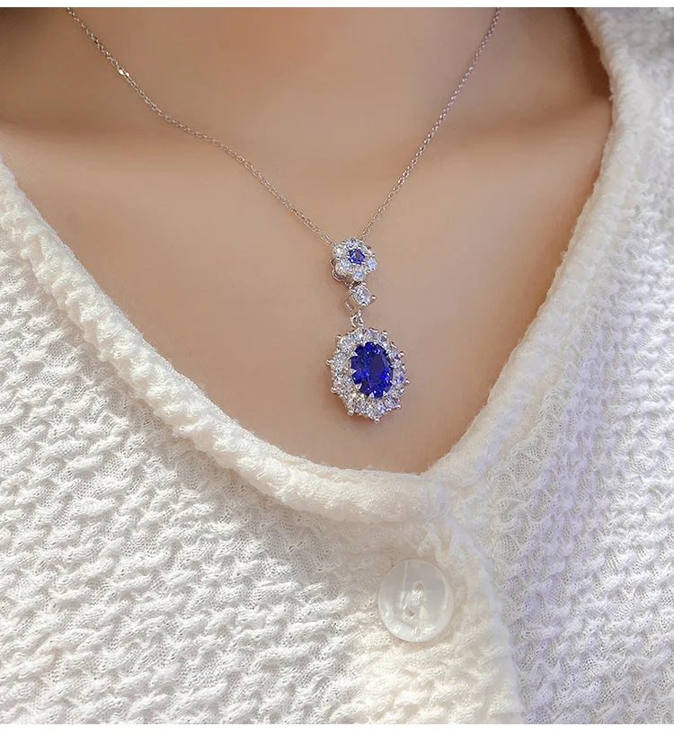 Gemfiori Statement Pendant Customized Jewelry Lab Grown Sapphire Rhodium Plated Chains Sterling Silver 925 Vintage Diamond for Her Gift