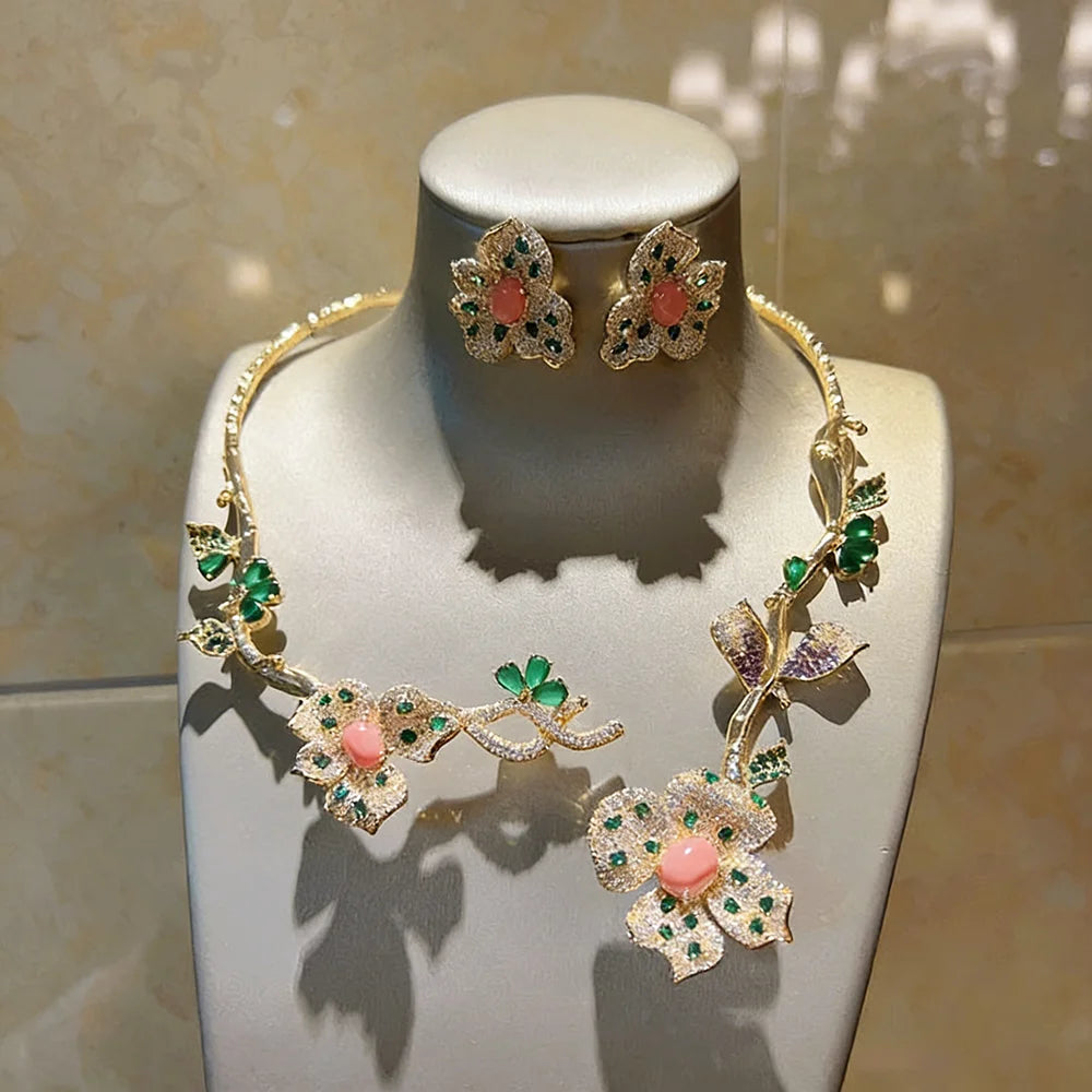 XM S207 Platinum Plated Princess Cut Zircon Floral Statement Necklace & Drop Earrings Bridal Set
