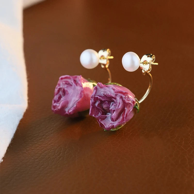 Popular European and American Niche Design Sense Rose Earrings, Natural Pearl Temperament Earrings, Women's Fashion Earrings