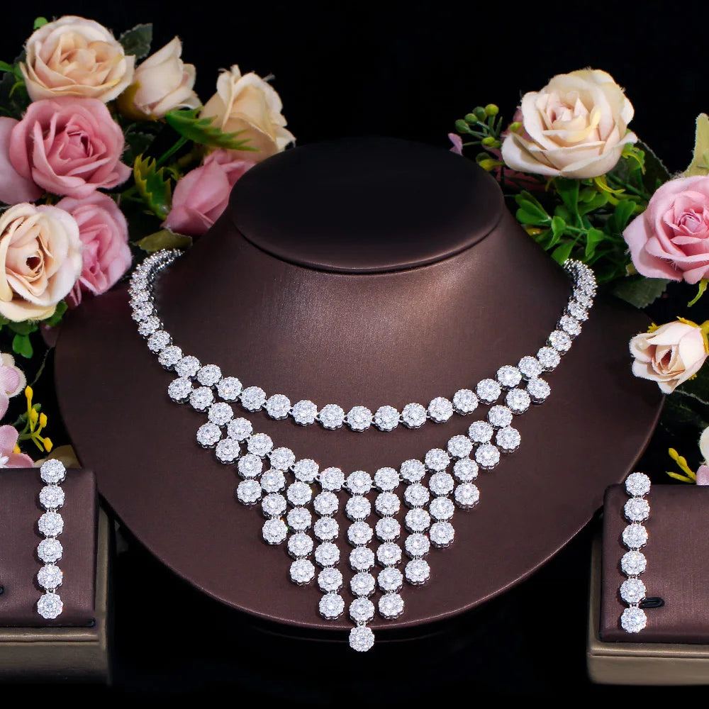 Shiny Round Micro Paved Cubic Zircon CZ Bridal Tennis Necklace and Earring Wedding Luxury Big Jewelry Set for Women Accessories
