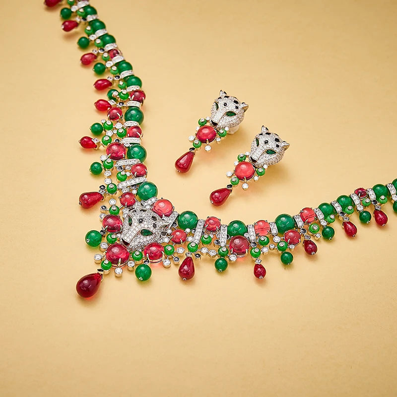 Leopard Print Enamel & Zircon Bead Necklace & Earrings Set