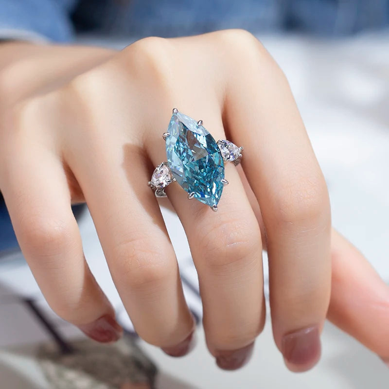 Messi Jewelry MSR-949 Silver Gold/Rose/White Big Carat Cubic Zirconia Diamond Ring Blue Marquise High Carbon Diamond Ring