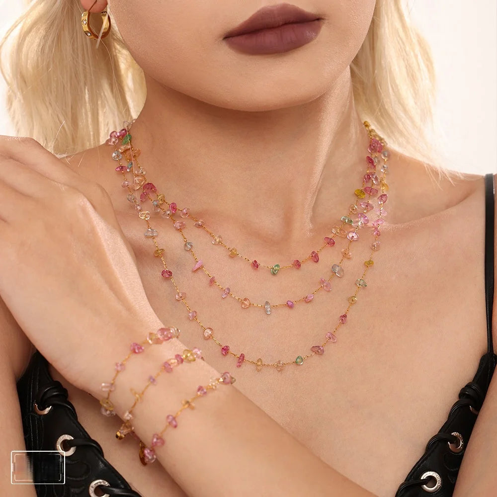 New Fashion Multicolor Crystal Rainbow Beaded Bracelet and Necklace Set for Girls Slim Chain Stainless Steel Necklace Women