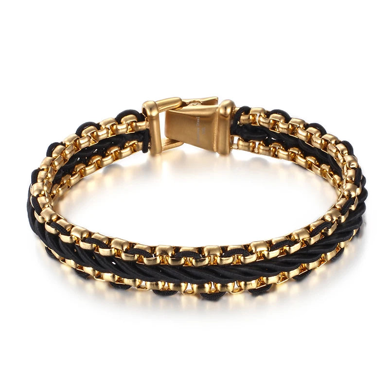 KALEN Fashion Gold Plating Stainless Steel Charm Bangle Leather Bracelet for Men KB76206-BD