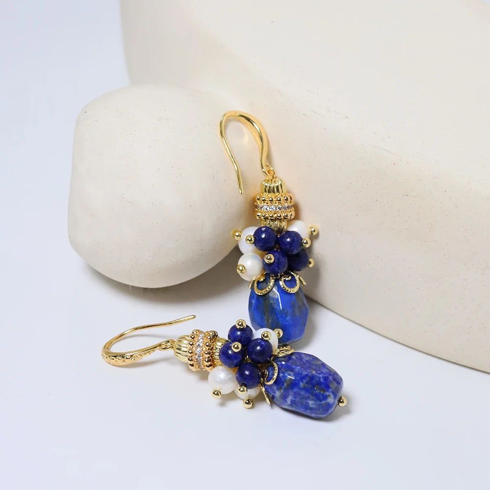 Natural Freshwater Pearl Lapis Lazuli Flower Earrings Korean Style Women Luxury Jewelry Fashion Ladies and Girls Gift GE1550