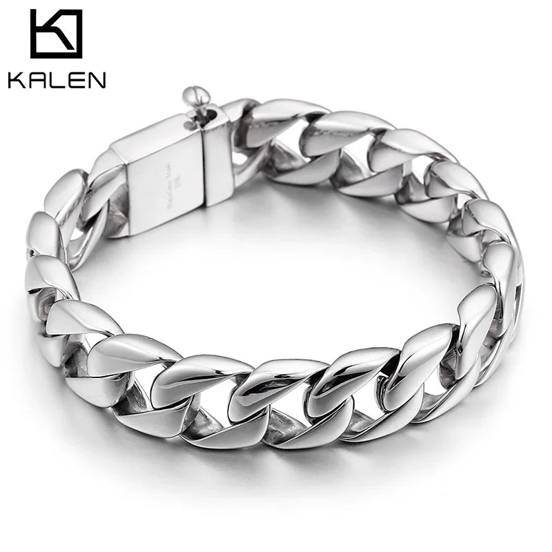 KALEN Fashion Shiny Stainless Steel Cuban Chain Bracelet for Men