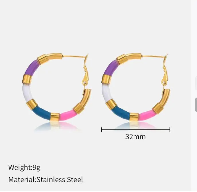 Colorful Oil-Dripping Stainless Steel Hoop Earrings Unique Simple Geometric Round Design 18K Gold-Plated for Ladies