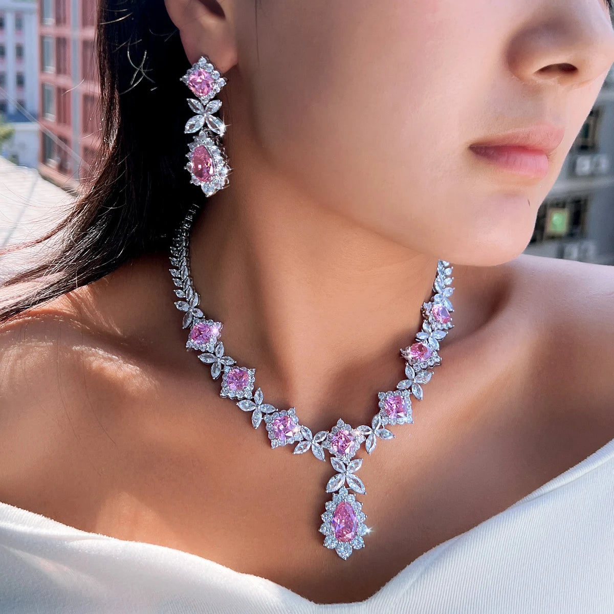 2024 Luxury Super Gorgeous Leaf Drop Pink Cubic Zirconia Dinner Wedding Bridal Necklace Earrings Top Jewelry Sets for Brides