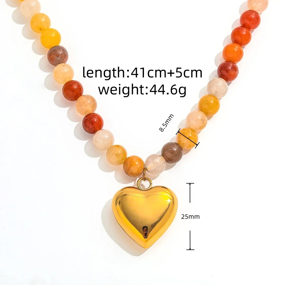 Joolim PVD Plated Wholesale Waterproof Chunky Fashion Boho Beaded Natural Stone Heart Pendant Necklace Stainless Steel Jewelry