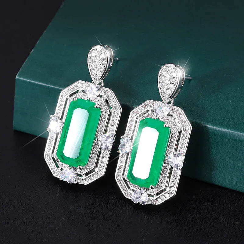 High Quality Eco-friendly Copper 8*16MM Emerald Green Cubic Zirconia 3 Piece Wedding Bridal Ring Necklace Set for Party