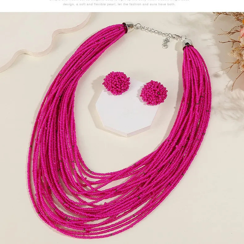 Bohemian Multi-Layer Rice Bead Necklace & Earrings Set | Retro Ethnic Style Glass Bead Jewellery | 9 Colours