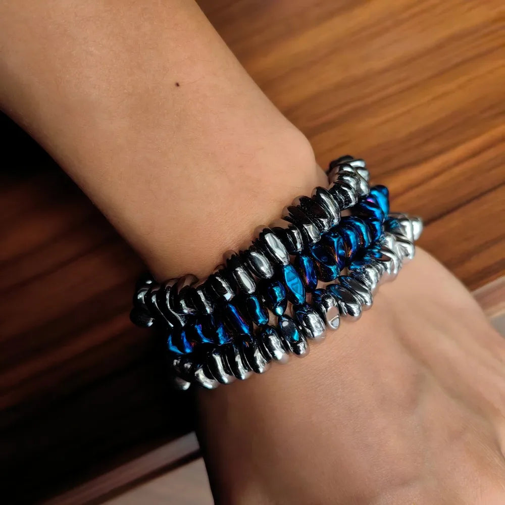 Fashion Magnetic Hematite Bead Bracelet Set Iridescent Blue Silver Tone Energy Healing Jewelry Men Women Gift