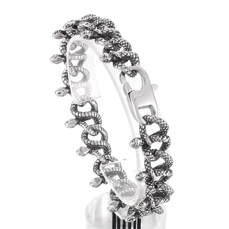 REBEL 210mm Men Punk Stainless Steel Vivid Tangled Snakes Links Bracelet