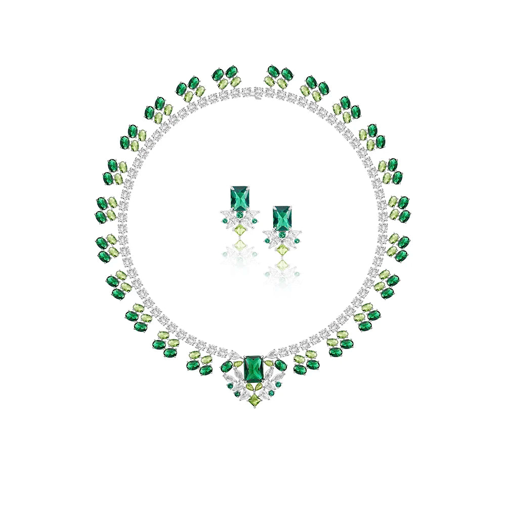 2023 Fashion Premium Jewelry Set Brass Rhodium Plated Green Zircon Jewelry Women's Necklace Earring Set