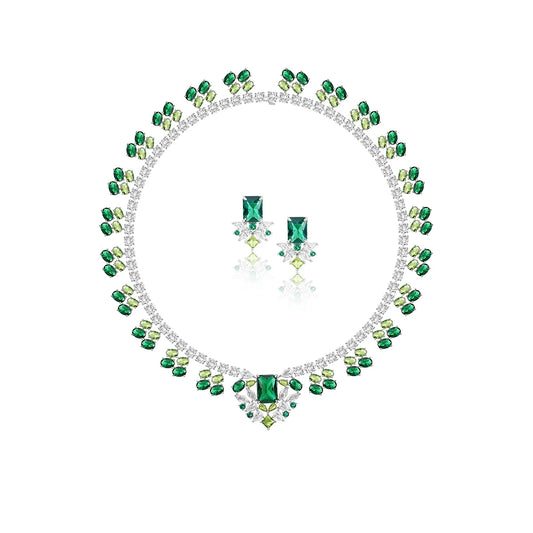 2023 Fashion Premium Jewelry Set Brass Rhodium Plated Green Zircon Jewelry Women's Necklace Earring Set